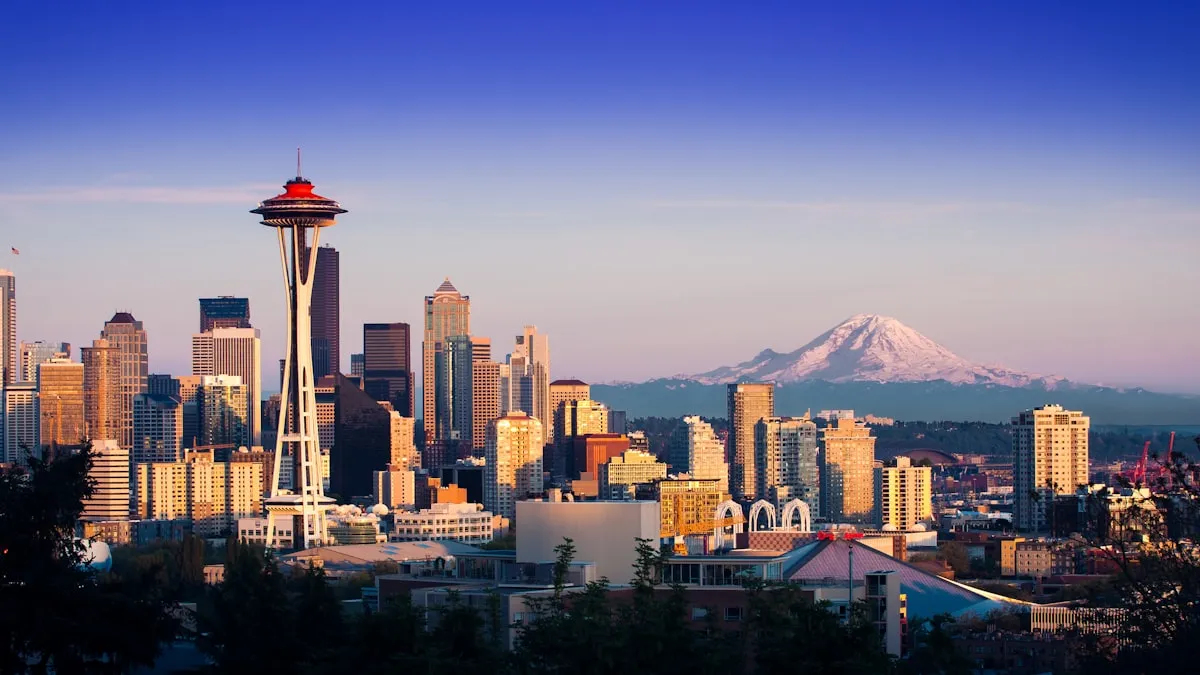 Seattle skyline at sunset with the Space Needle and Mount Rainier