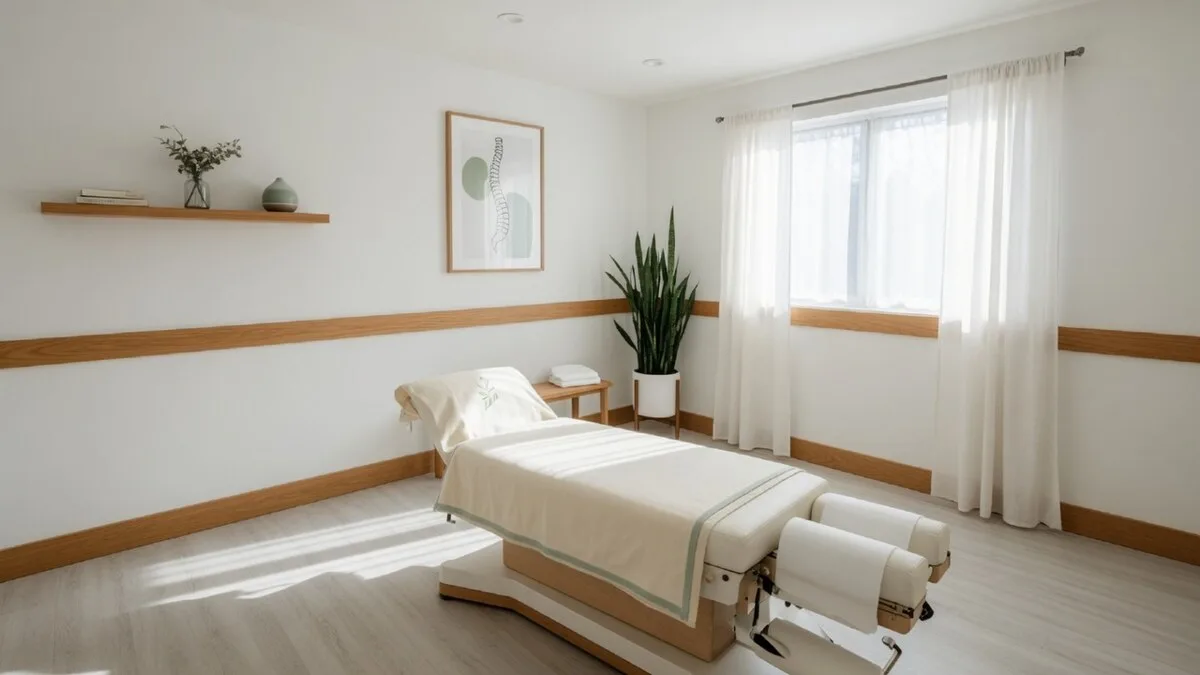 Empty chiropractic treatment room with adjustment table ready for a first visit
