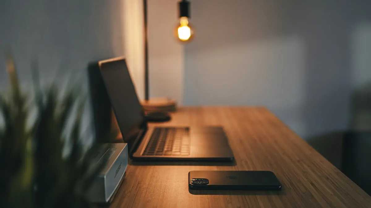 Modern standing desk with computer in a bright room